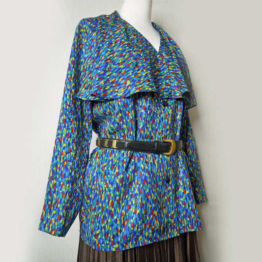 YSL　マルチカラービッグ襟ブラウス（青系）