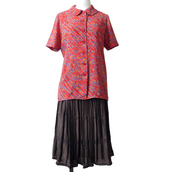 YSL　お魚柄♪丸襟シャツブラウス（赤系）