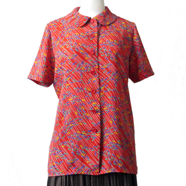 YSL　お魚柄♪丸襟シャツブラウス（赤系）