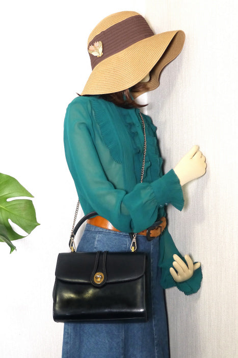 OLD Gucci　紺ステッチバッグ(チェーン付き）