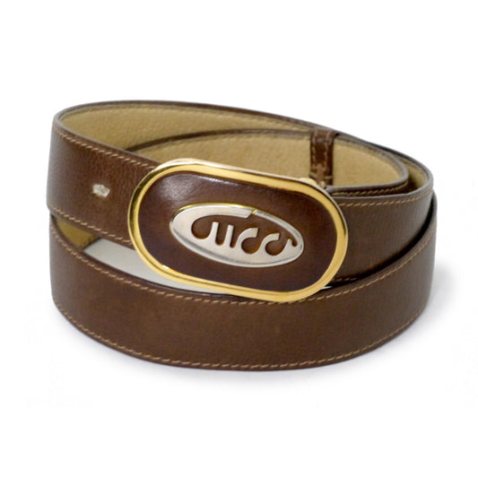 OLD Gucci 70s筆記体ロゴバックル レザーベルト（茶）