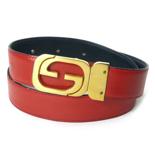 OLD Gucci GGバックルリバーシブルレザーベルト（濃紺/赤）