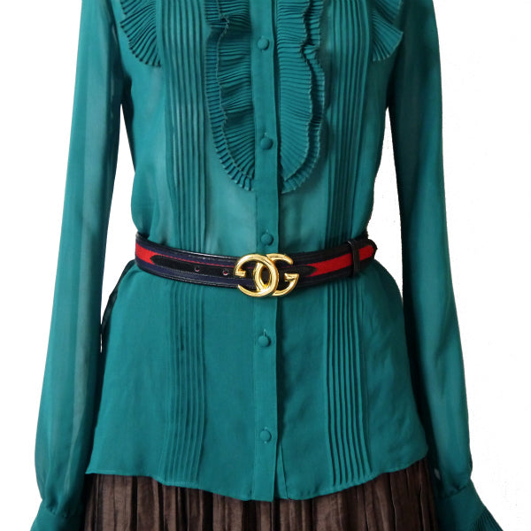 OLD Gucci シェリーラインGGバックルレザーベルト（青）