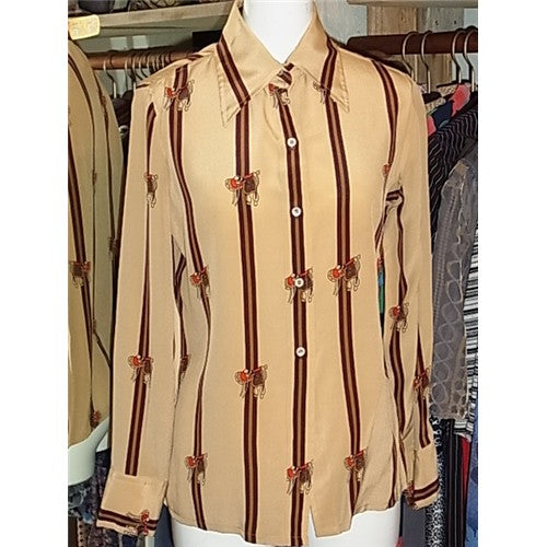 OLD Gucci　茶シルク馬柄ブラウス