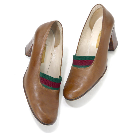 OLD Gucci 50s!シェリーライン レザーローファー ヒール(23.5cm・茶)
