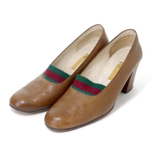 OLD Gucci 50s!シェリーライン レザーローファー ヒール(23.5cm・茶)