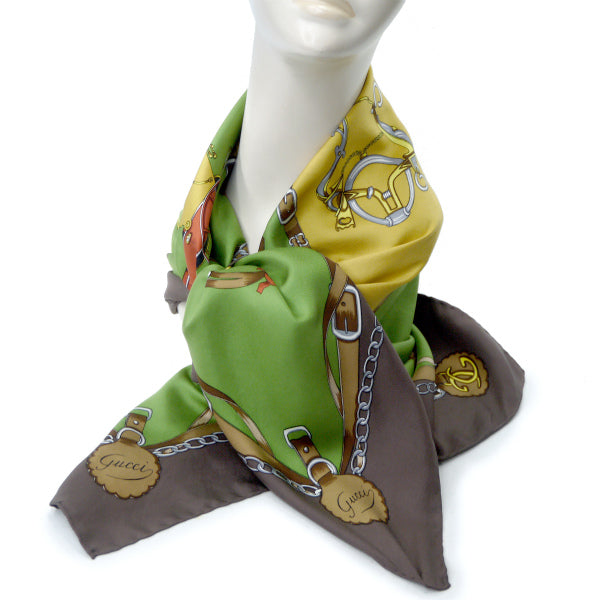 OLD Gucci 馬具柄 大判シルクスカーフ（茶系）