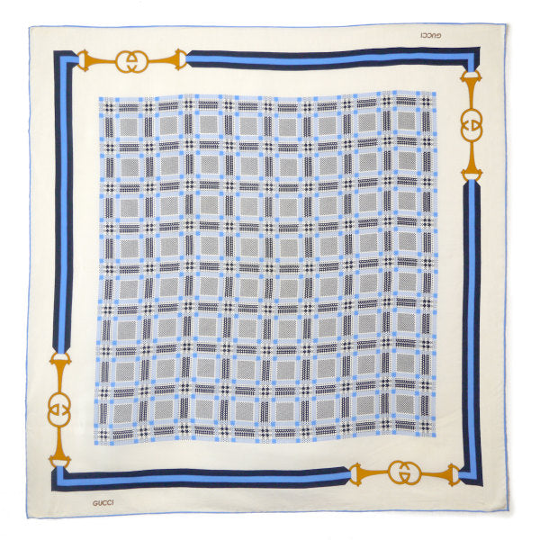 OLD Gucci グレンチェック×GGベルト柄シルクスカーフ（青系）