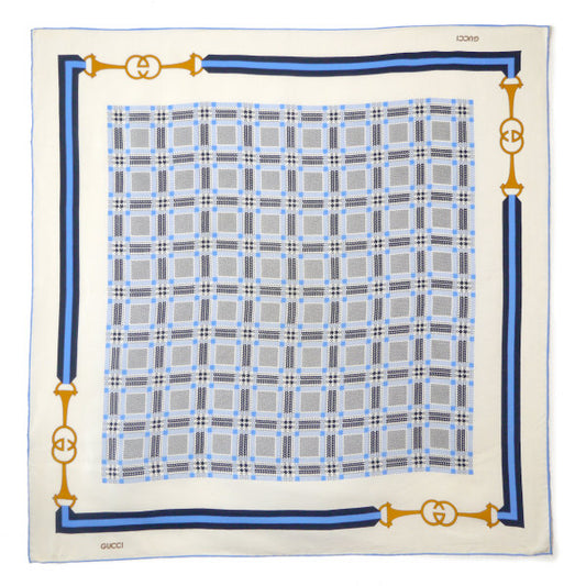 OLD Gucci グレンチェック×GGベルト柄シルクスカーフ（青系）