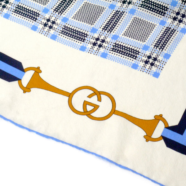 OLD Gucci グレンチェック×GGベルト柄シルクスカーフ（青系）