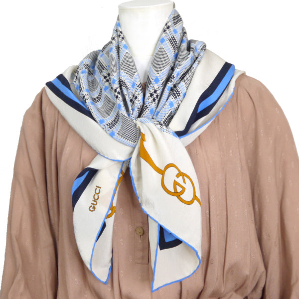 OLD Gucci グレンチェック×GGベルト柄シルクスカーフ（青系）