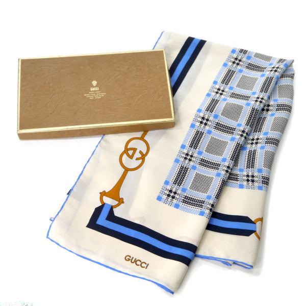 OLD Gucci グレンチェック×GGベルト柄シルクスカーフ（青系）