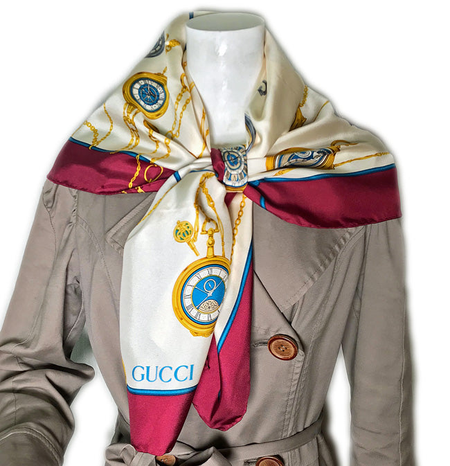 OLD Gucci   懐中時計 大判シルクスカーフ（ボルドー）