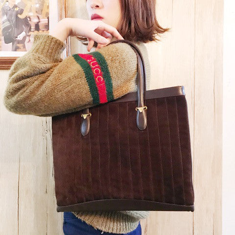 OLD Gucci スエード縦ステッチトートバッグ（茶）