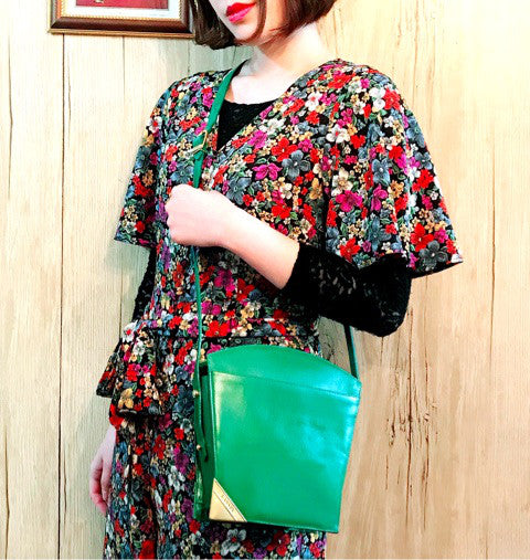 Lanvin 扇型ロゴプレート総革ショルダー（グリーン）