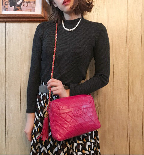 OLD CHANEL　フリンジ付マトラッセ チェーンショルダー（ピンク）