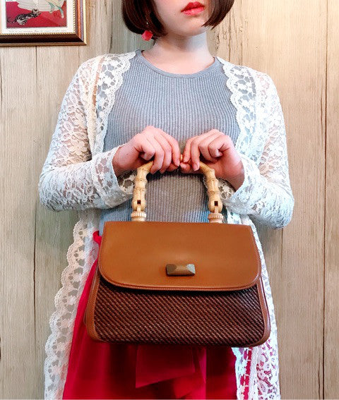 OLD Gucci ウッドハンドル×革編み込みバッグ（キャメル）