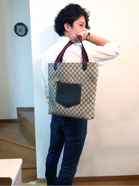 OLD Gucci　レザーポケット トートバッグ（青）