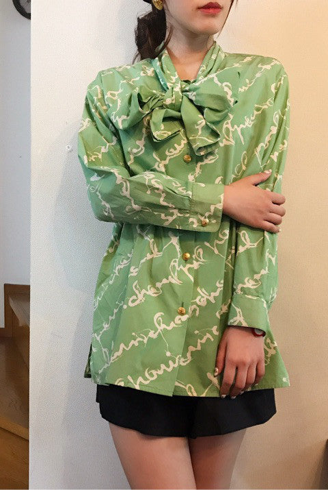 OLD CHANEL ロゴ柄ボウタイブラウス（緑）