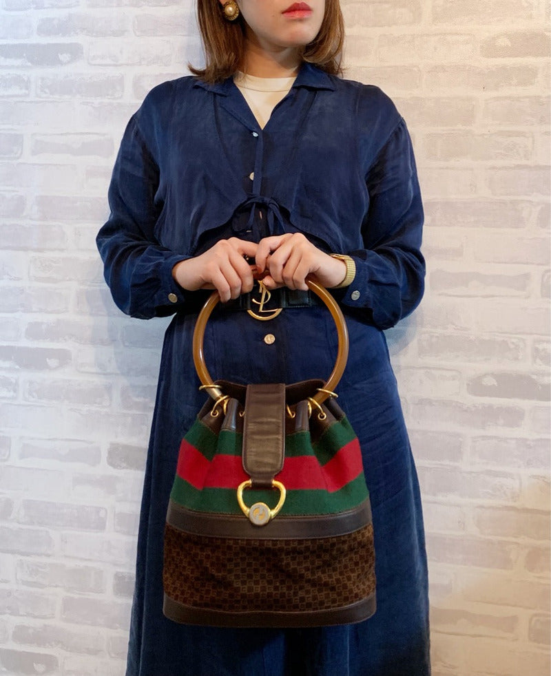 OLD Gucci　お宝！スクエアGG巾着べっ甲ハンドバッグ（濃茶/スエード）