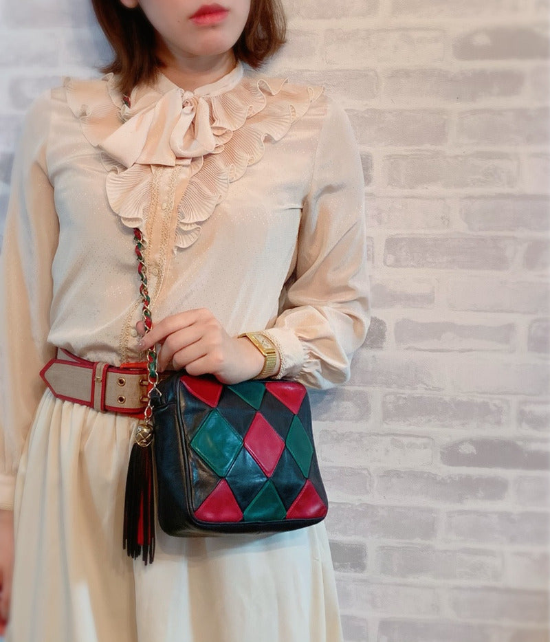 CHANEL80s!ダイヤパッチワークショルダー（赤/緑/紺）