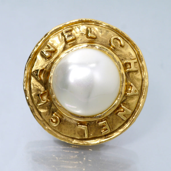 OLD CHANEL ロゴ入りパール大ぶりイヤリング（ゴールド）