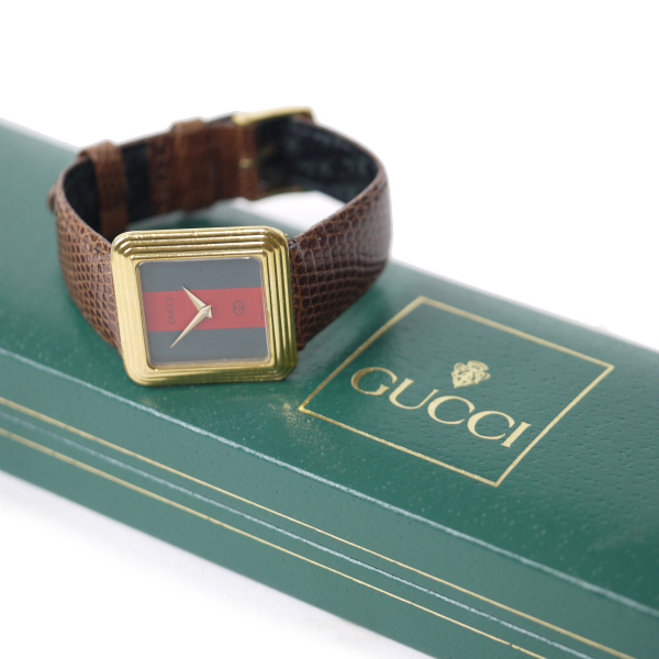 OLD Gucci スクエアシェリー腕時計（リザードバンド・明茶） | Vintage 