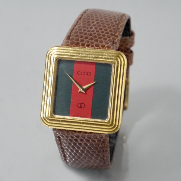 OLD Gucci スクエアシェリー腕時計（リザードバンド・明茶） | Vintage 