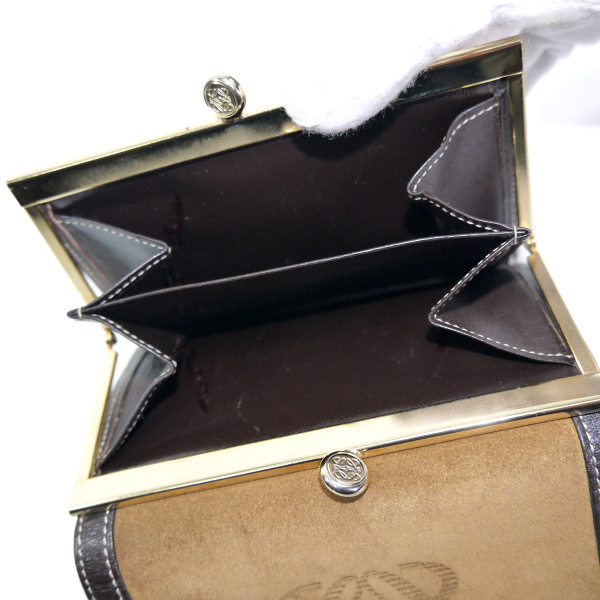 【美品】ロエベ アナグラム ロゴ 二つ折り財布 がま口 スエード ブラウン