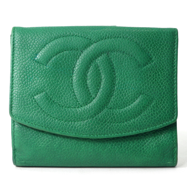 OLD CHANEL ココステッチWホック折財布（緑/キャビアスキン