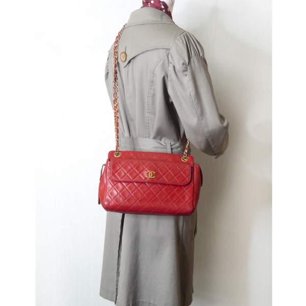 OLD CHANEL マトラッセ 外ポケットWチェーンバッグ（赤） | Vintage 