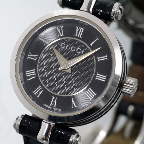 OLD Gucci ディアマンテ文字盤サイドラインミニ腕時計（黒/クロコ 