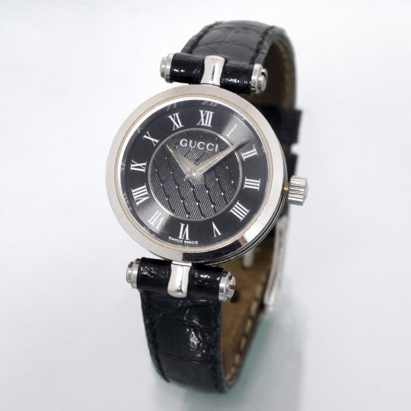 OLD Gucci ディアマンテ文字盤サイドラインミニ腕時計（黒/クロコ 