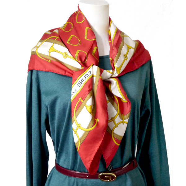 OLD CELINE 馬&ホースビット柄シルク大判スカーフ（赤系） | Vintage 