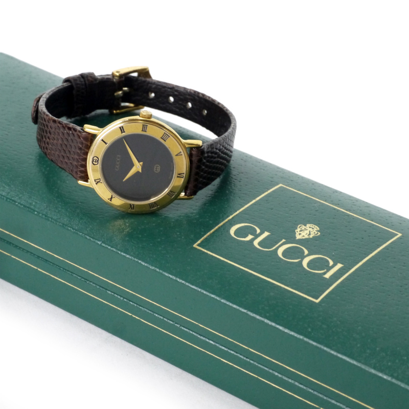 OLD Gucci ギリシャ数字ブラックフェイス腕時計（リザード・茶 