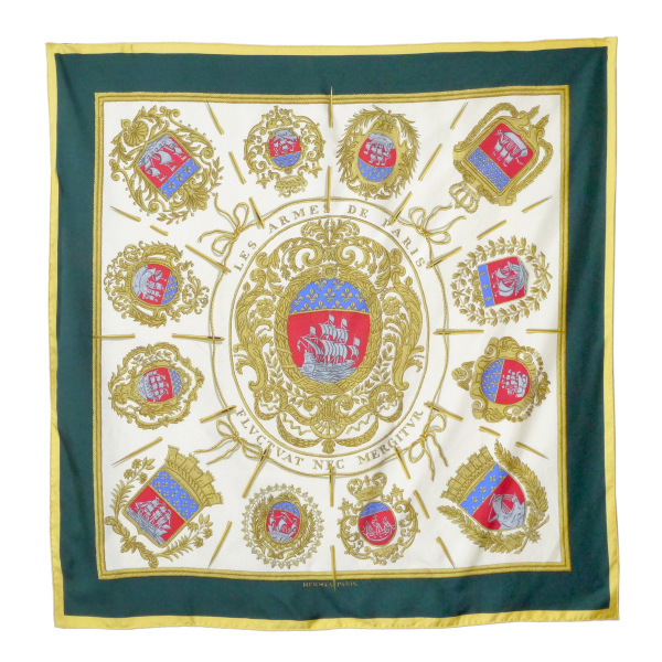 HERMES 大判カレ90スカーフ Les Armes de Paris（緑系/パリの紋章 